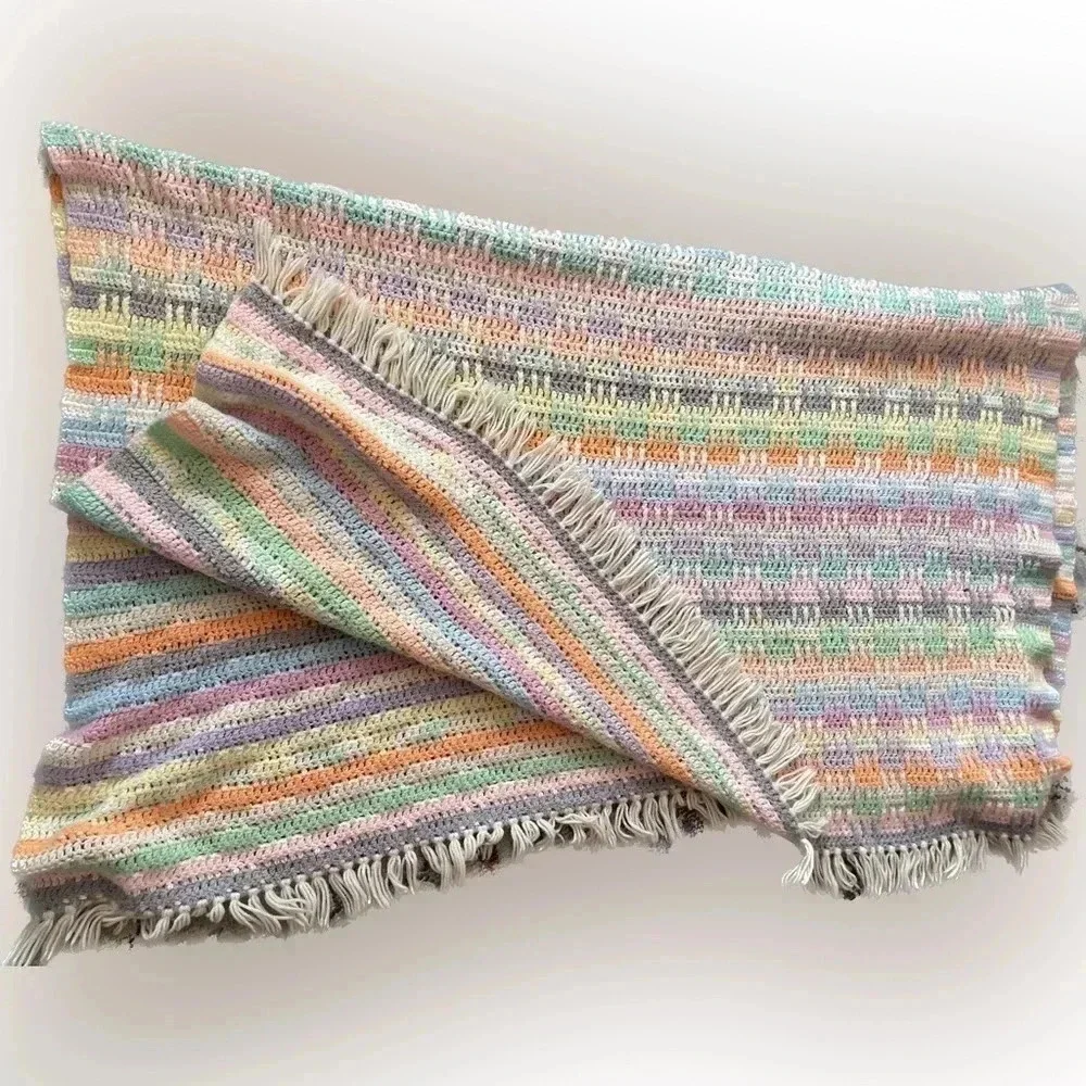 Vintage Homemade Granny Pastel Crochet Rainbow Blanket Large Oversized Throw 5x6